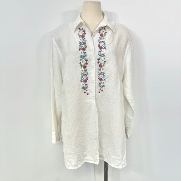 Lauren Ralph Lauren Linen Button-Down Shirt Embroidered Floral Top Blouse 3X - Picture 2 of 10